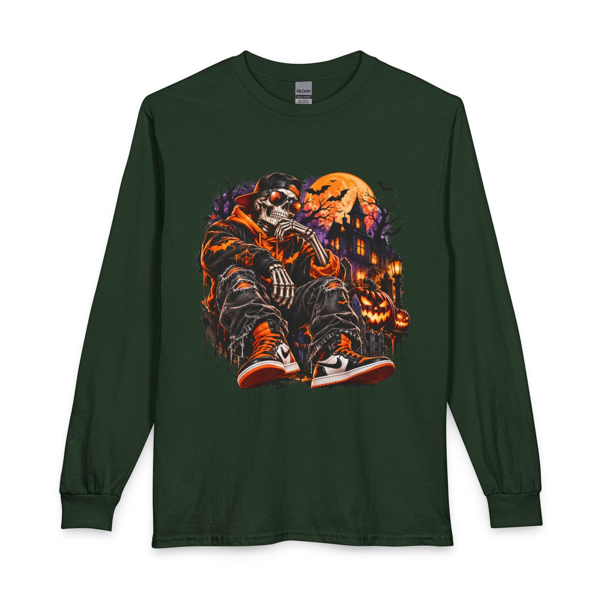 Halloween Skull Hoodie Tee — Spooky Skeleton Pumpkin Long Sleeve Shirt