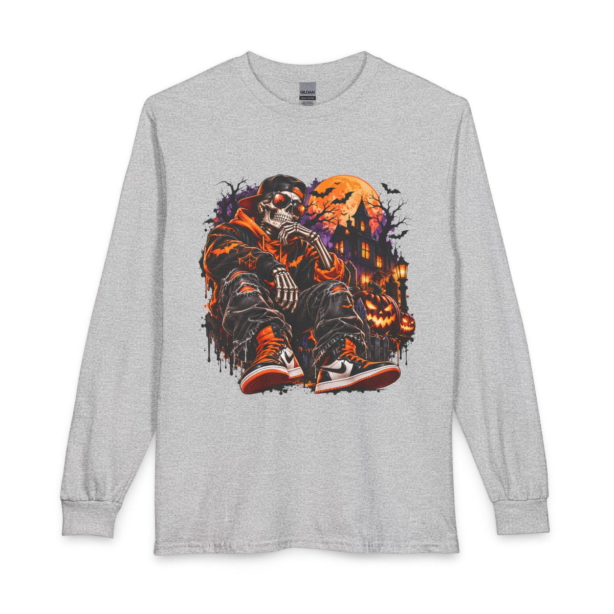 Halloween Skull Hoodie Tee — Spooky Skeleton Pumpkin Long Sleeve Shirt