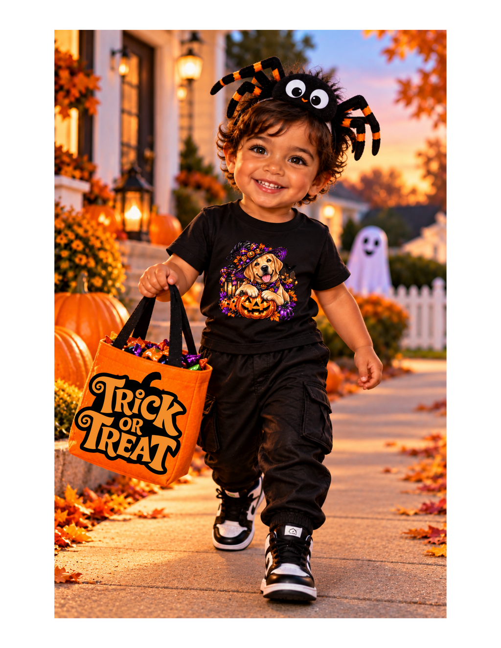 Infant Tee — Halloween Puppy in Witch Hat with Pumpkin