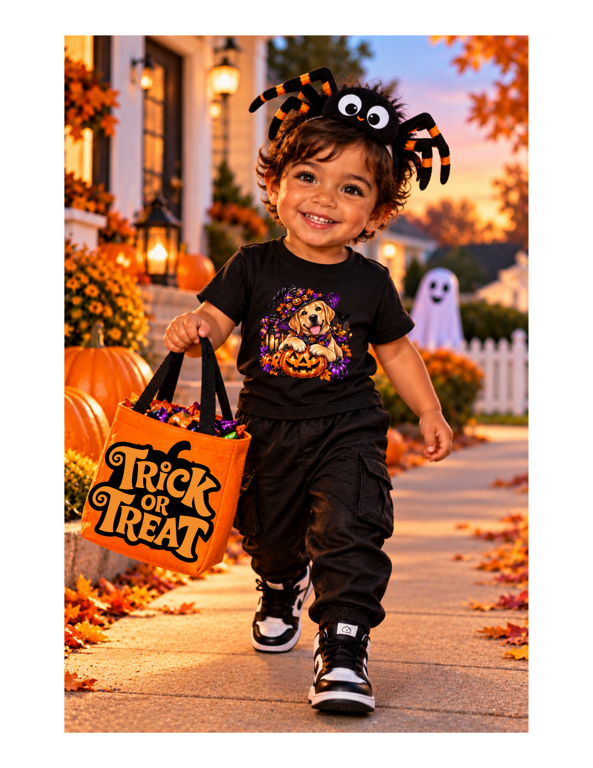 Infant Tee — Halloween Puppy in Witch Hat with Pumpkin