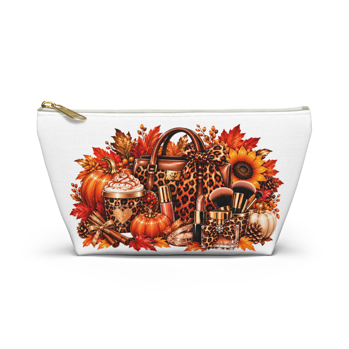 Autumn Leopard Makeup Bag — Pumpkin, Sunflower & Fall Leaves Accessory Pouch