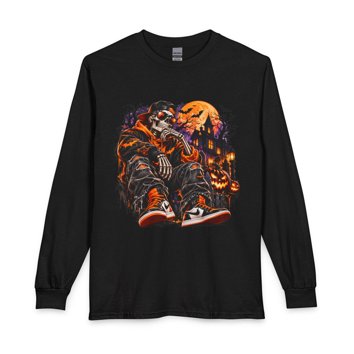 Halloween Skull Hoodie Tee — Spooky Skeleton Pumpkin Long Sleeve Shirt