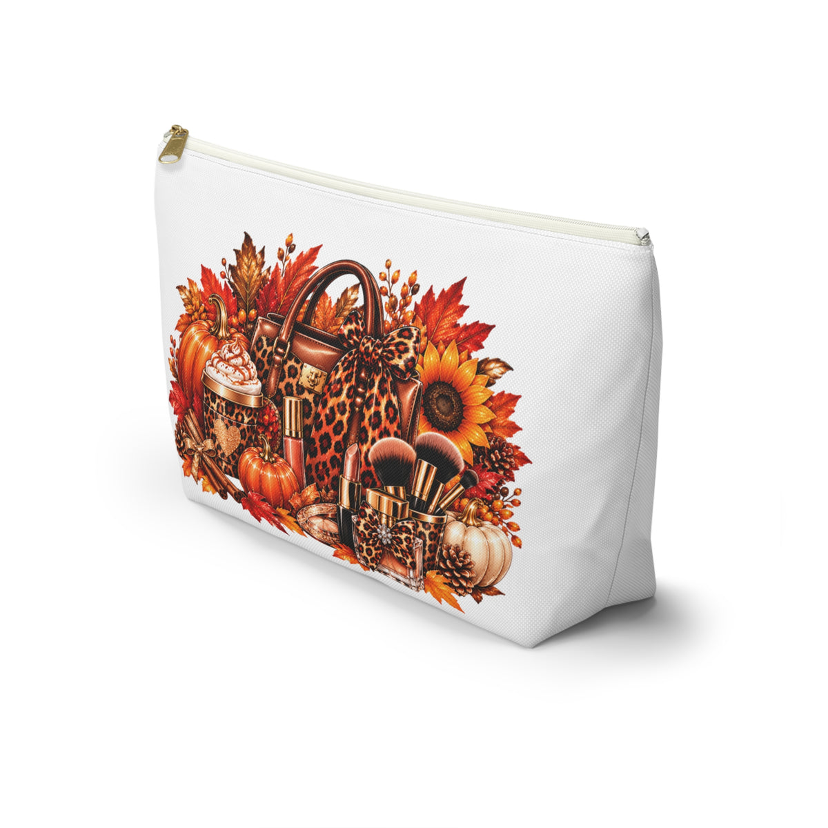 Autumn Leopard Makeup Bag — Pumpkin, Sunflower & Fall Leaves Accessory Pouch