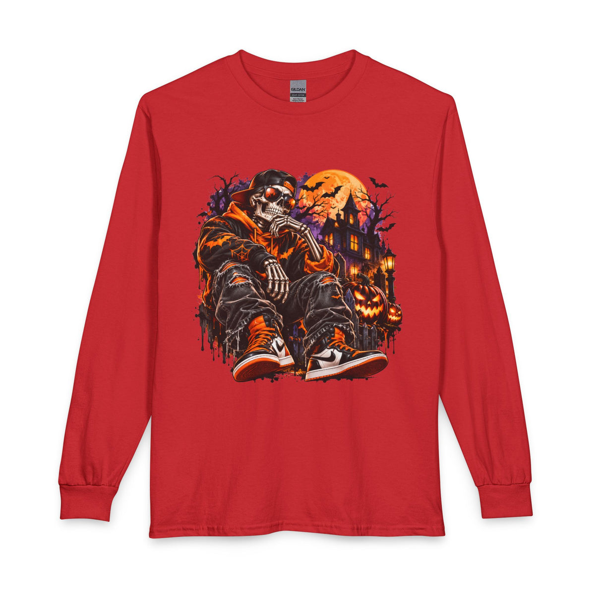 Halloween Skull Hoodie Tee — Spooky Skeleton Pumpkin Long Sleeve Shirt