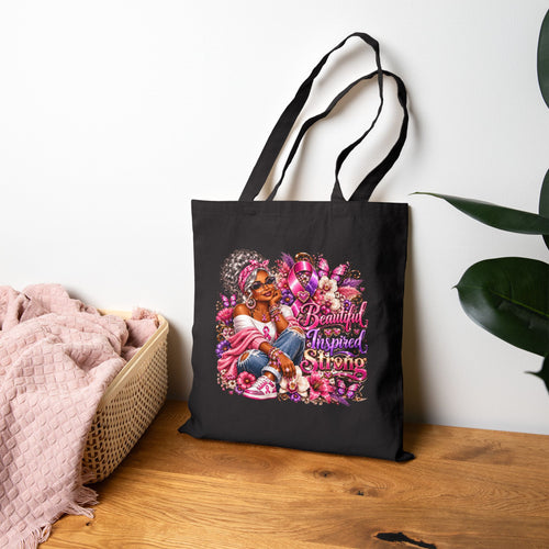"Beautiful, Inspired, Strong" Floral Afrocentric Canvas Tote Bag